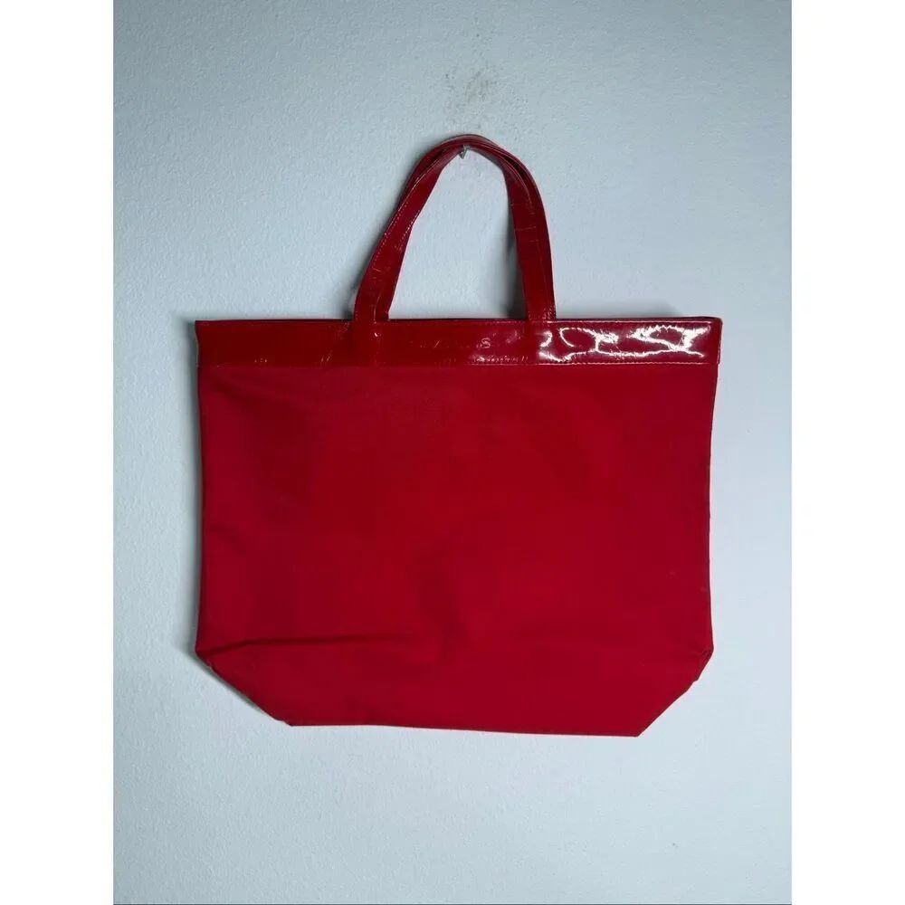 Rare Vintage Clarins Tote Bag Shopping Beach Patent Faux Leather Trim Red